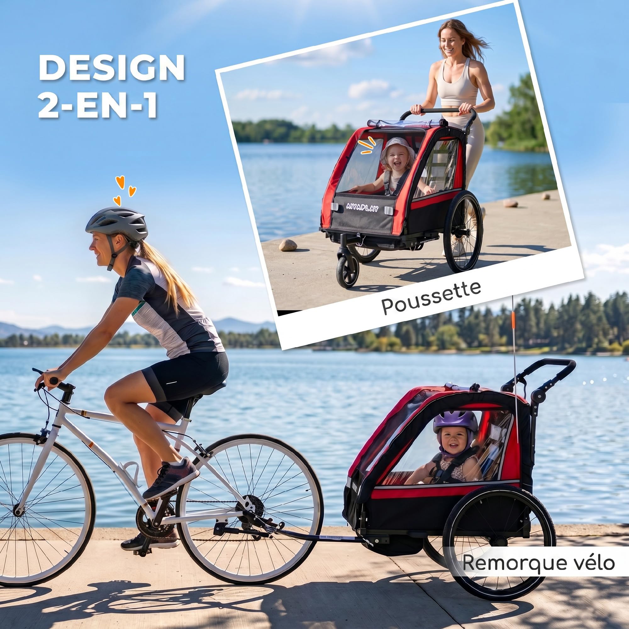 AIYAPLAY Remorque vélo Enfant 2 Places 2 en 1, Poussette vélo bébé avec Guidon réglable, Frein à Main, Ceinture de sécurité 5 Points, Fanion de sécurité, attelage Universel, jusqu'à 38 kg, Rouge