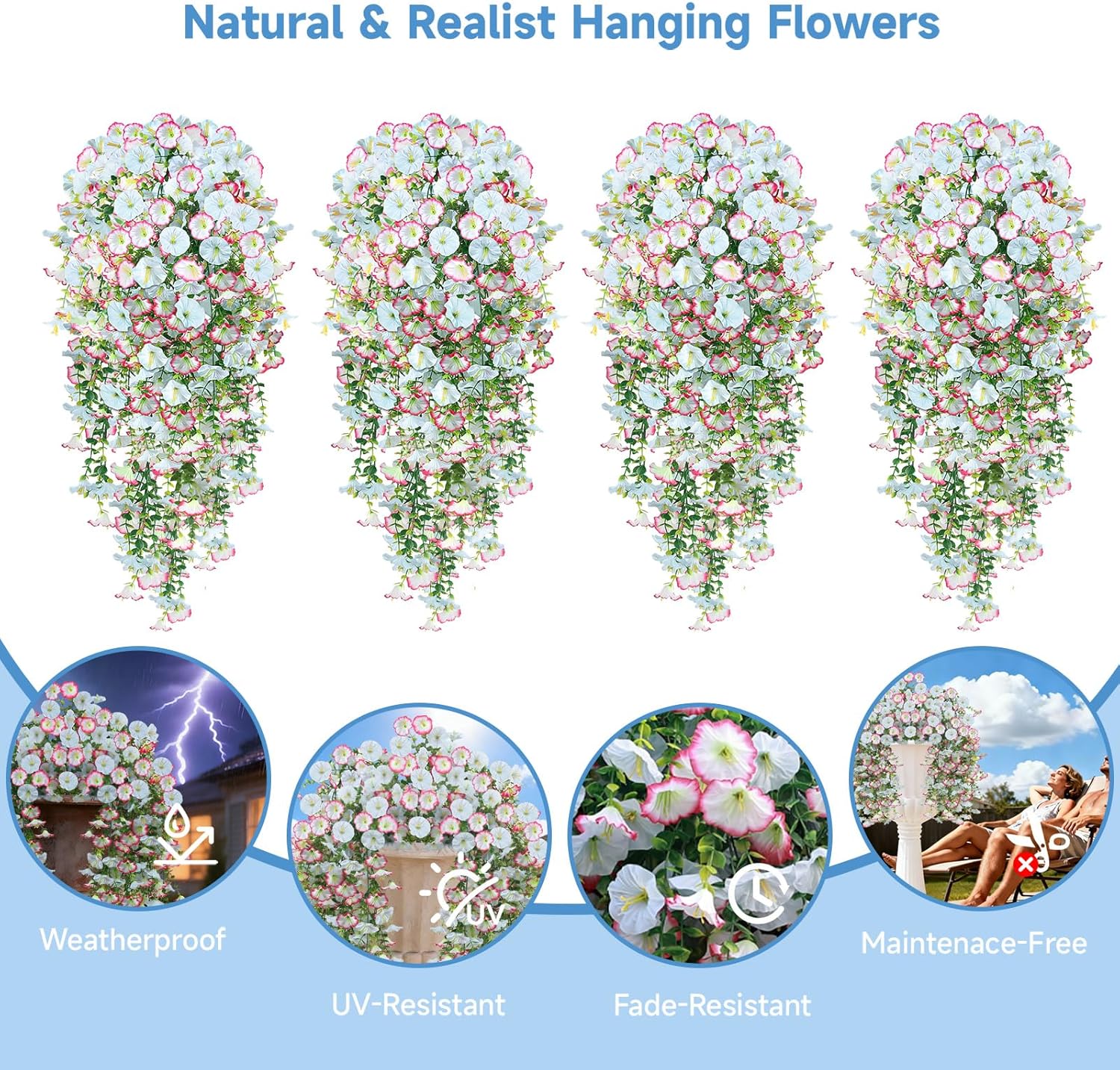 Artificial Hanging Flowers for Outdoors, 4 PCS 600 Blooms UV Resistant Morning Glory Faux Silk Vines, No-Odor Realistic Fake Plants for Garden Planter Porch Patio Decoration, Blue & White