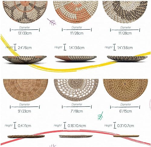 Miniatura 7 de KushimHome - Juego de cestas colgantes de pared, decoración de mimbre estilo bohemio grande, decoración de pared de hierba marina tejida de bambú,