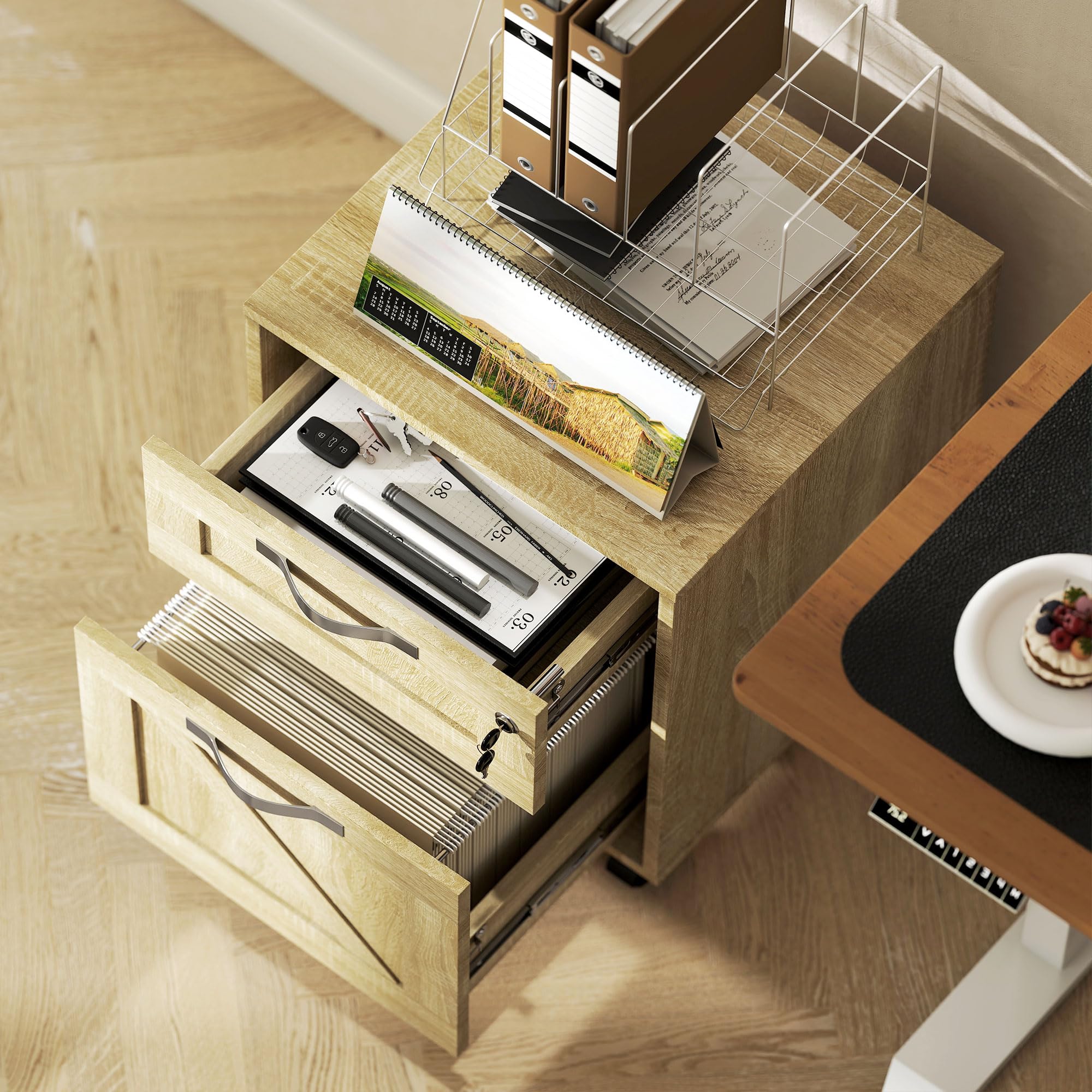 Vinsetto Cajonera de Oficina con 2 Cajones Cajonera con Ruedas Mueble Archivador Móvil con Cerradura y Carpetas Colgantes para Tamaño A4 41x42x56 cm Natural