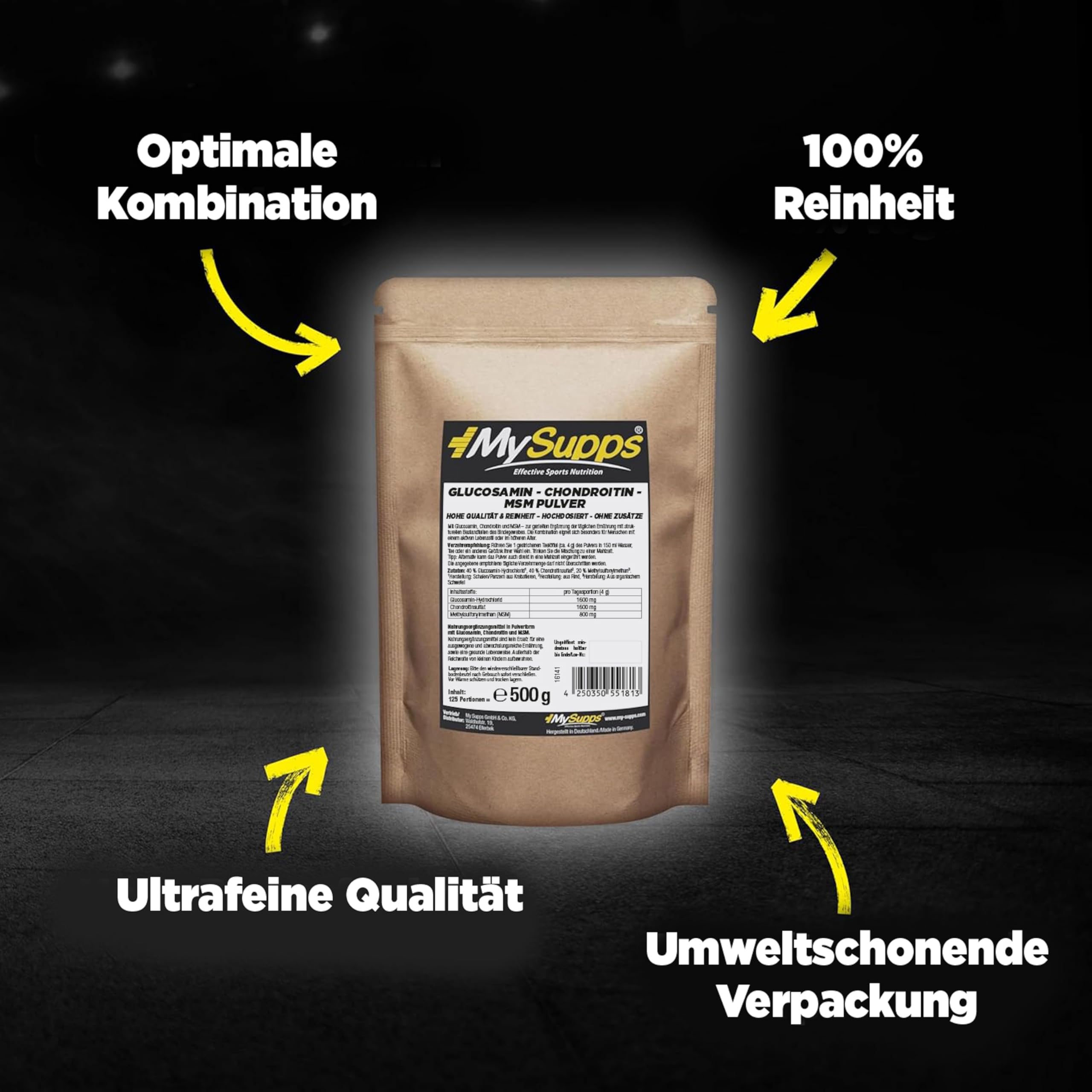 My Supps Glucosamin Chondroitin MSM Komplex l 500g Pulver hochdosiert für 4 Monate | 40% Glucosamin, 40% Chondroitinsulfat, 20% MSM | Neutral & gut löslich | Ohne Zusätze | Made in Germany