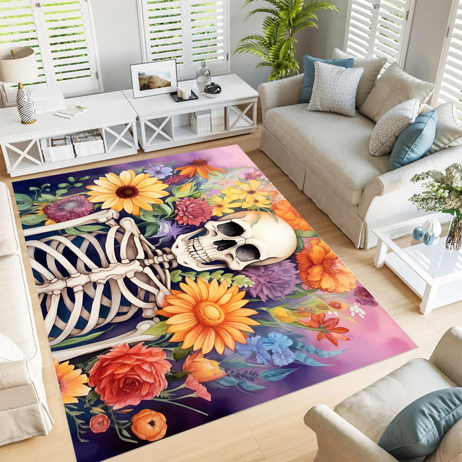 Tapis poils courts motif crâne tournesol antidérapant 150x210cm