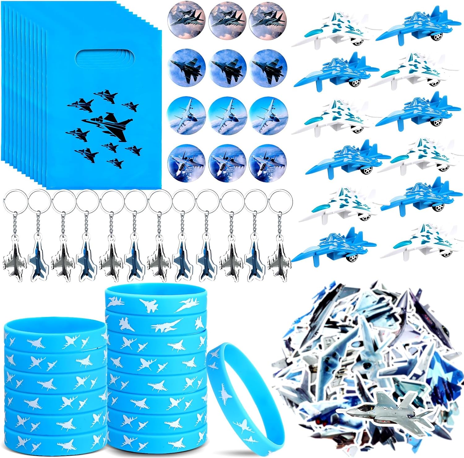 Meooeck 110 Pcs Fighter Jets Party Favors Airplane Themed Birthday Party Decorations with 12 Fighter Jets Airplane Toys, 12 Silicone Bracelets, 12 Button Pins, 12 Keychains, 12 Bags, 50 Sticker