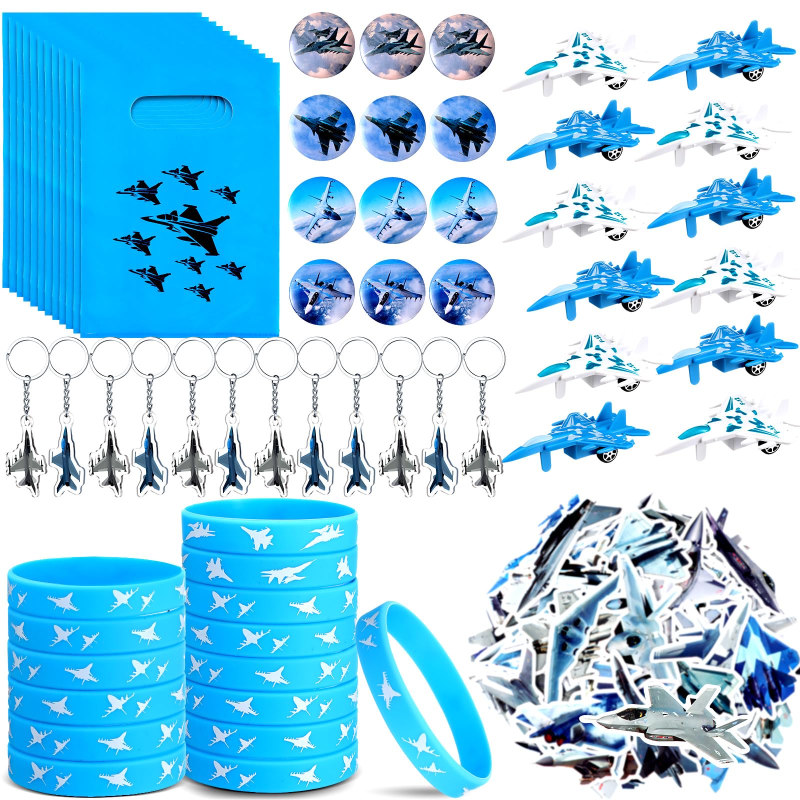 Meooeck 110 Pcs Fighter Jets Party Favors Airplane Themed Birthday Party Decorations with 12 Fighter Jets Airplane Toys, 12 Silicone Bracelets, 12 Button Pins, 12 Keychains, 12 Bags, 50 Sticker