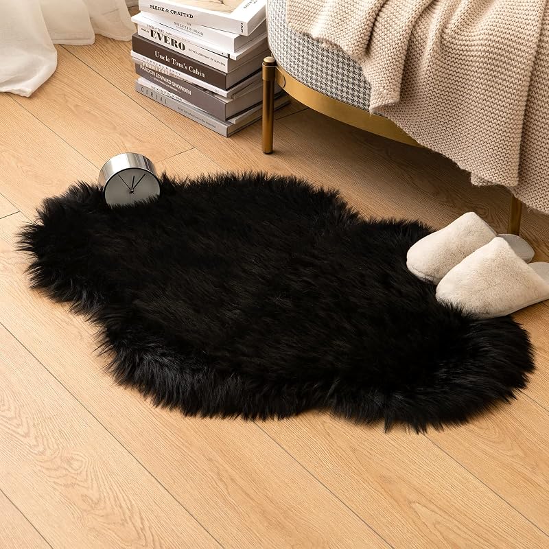 MIULEE Műszőrme Szőnyeg 60x90 cm - Puha Bolyhos Fekete Padlószőnyeg, Luxus Hatású Hosszú Szálú Dekoratív Szőnyeg Nappaliba, Hálószobába