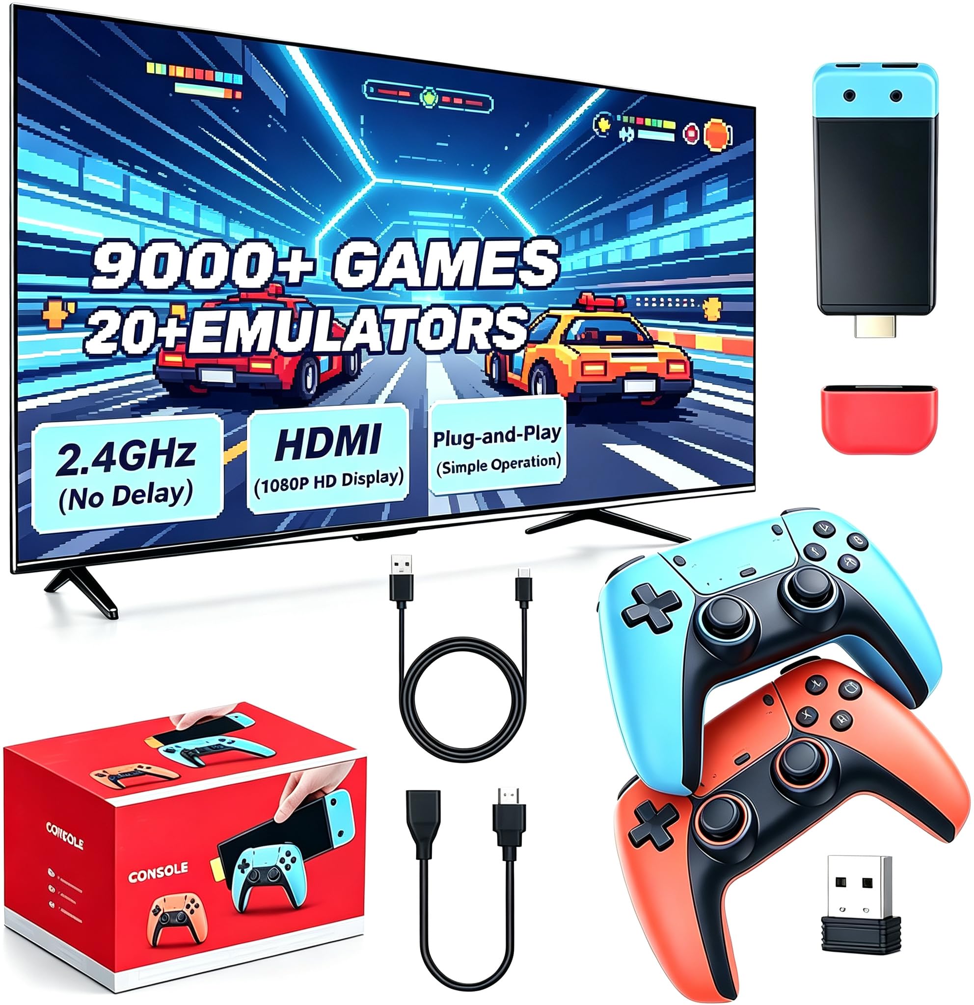 Upgrade Retro Konsole, HDMI Retro Spielkonsole mit 2 Controllern (Rotblau)