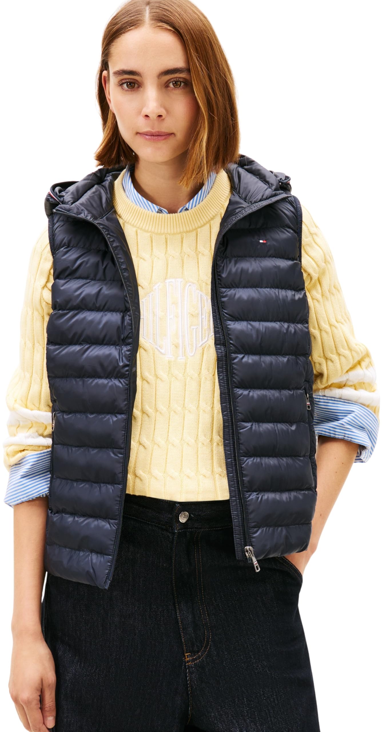 Tommy Hilfiger Donna Gilet Padded Global Stripe Vest Con Cappuccio, Blu (Desert Sky), L-image
