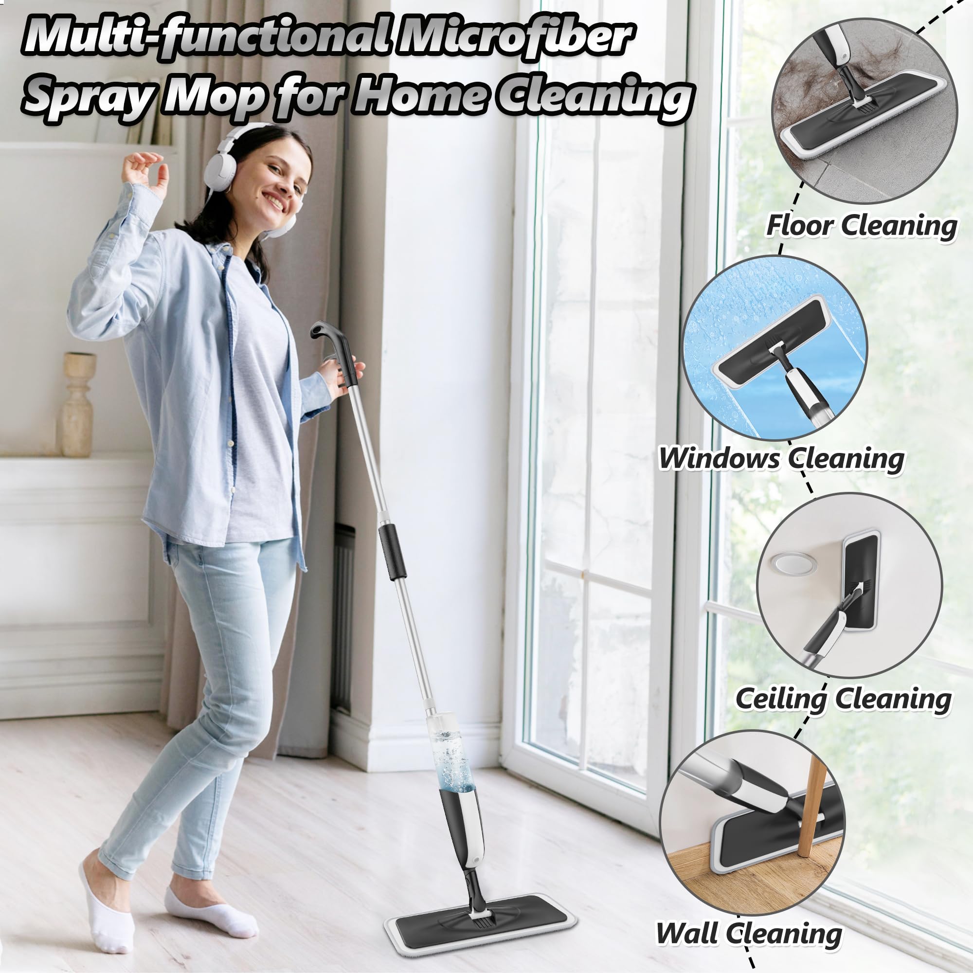 MANGOTIME Scopa Lavapavimenti a Spruzzo Mocio Lavapavimenti Scopa Lavapavimento Spray Mop Lavapavimenti Microfibra Mop Pavimenti Professionale con 4 Pad Lavabili e 1 flacone Ricaricabile
