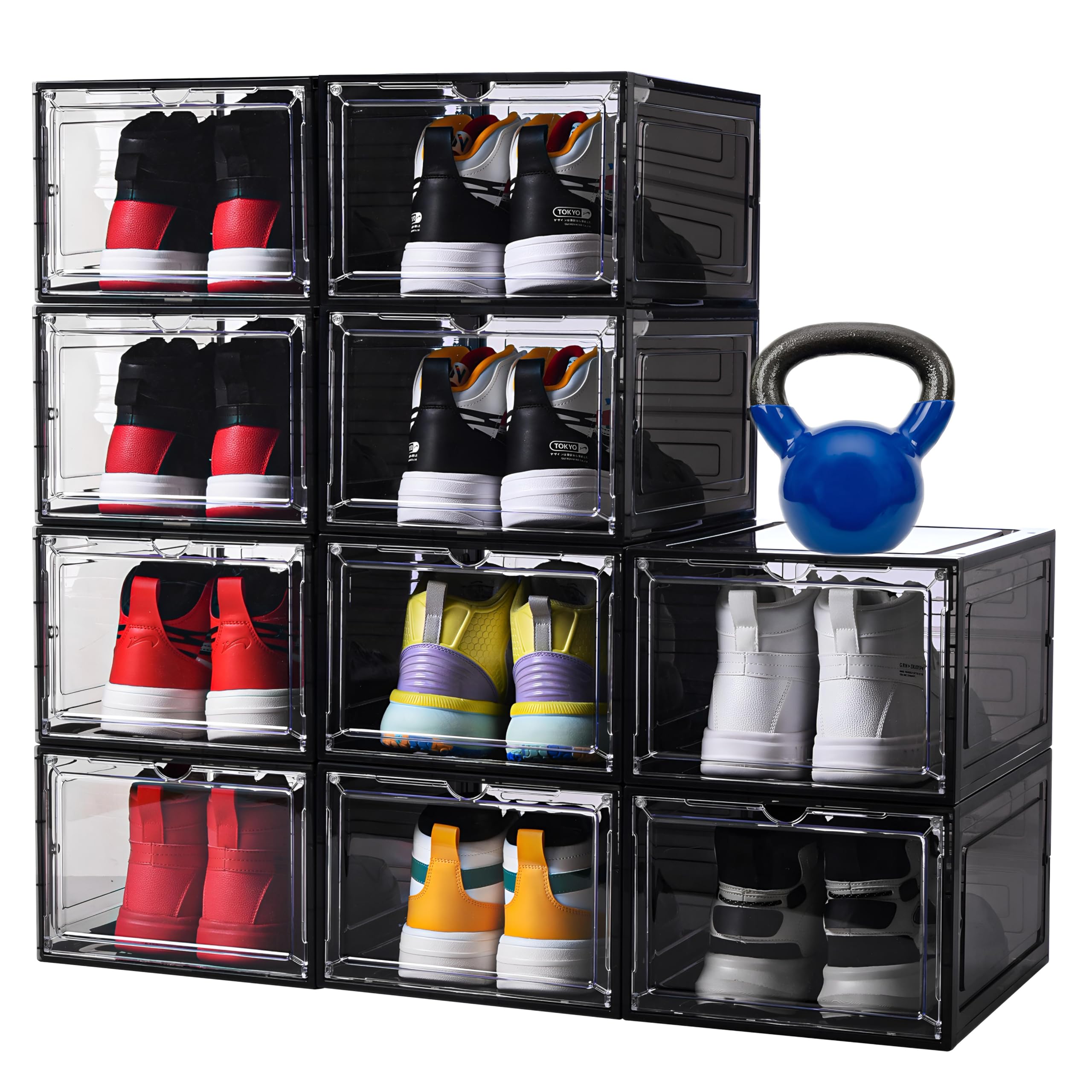6 Pack Shoe Boxes Clear Plastic Stackable, Large Shoe Storage Organizer with Magnetic Clear Door, Shoe Container Sneaker Storage Display Case Fit up to US Size 12 BLACK