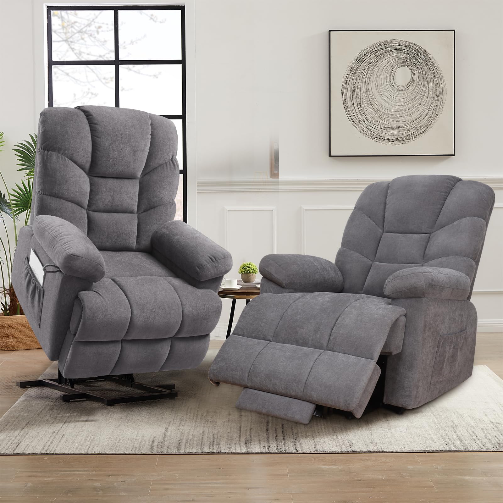 CDCASA Large Power Lift Recliner Chair with Heated and Massage for Elderly, Chenille Lift Chairs for Living Room with Extended Footrest,Side Pockets &Lift Remote Control w/USB Port,Set of 2,Grey