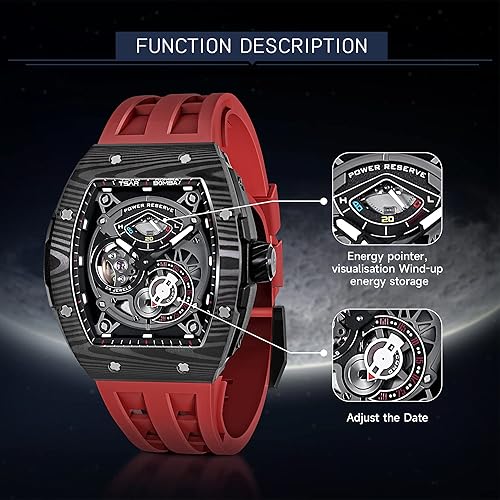 Miniatura 5 de Relojes para hombres Reloj analógico mecánico automático para hombre, reloj de pulsera de esqueleto Tonneau, réplica de reloj, esfera grande, reloj