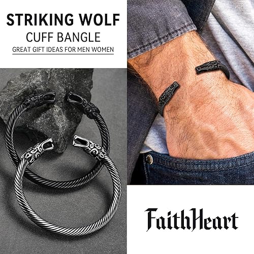 Vista 8 de FaithHeart Brazalete vikingo para hombres y mujeres, brazalete de acero inoxidable con diseño de alambre punk cuervolobodragón