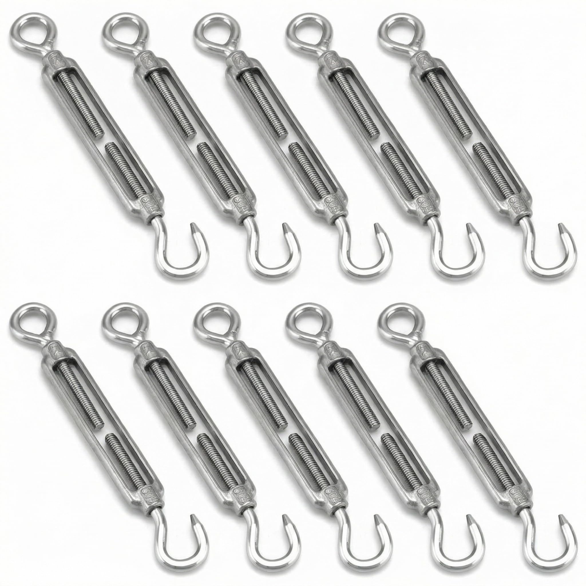 QWORK® 10 szt. Śruba rzymska M6 304 Stal nierdzewna, Regulowany hak i napinacz drutu oczkowego, Hak napinający