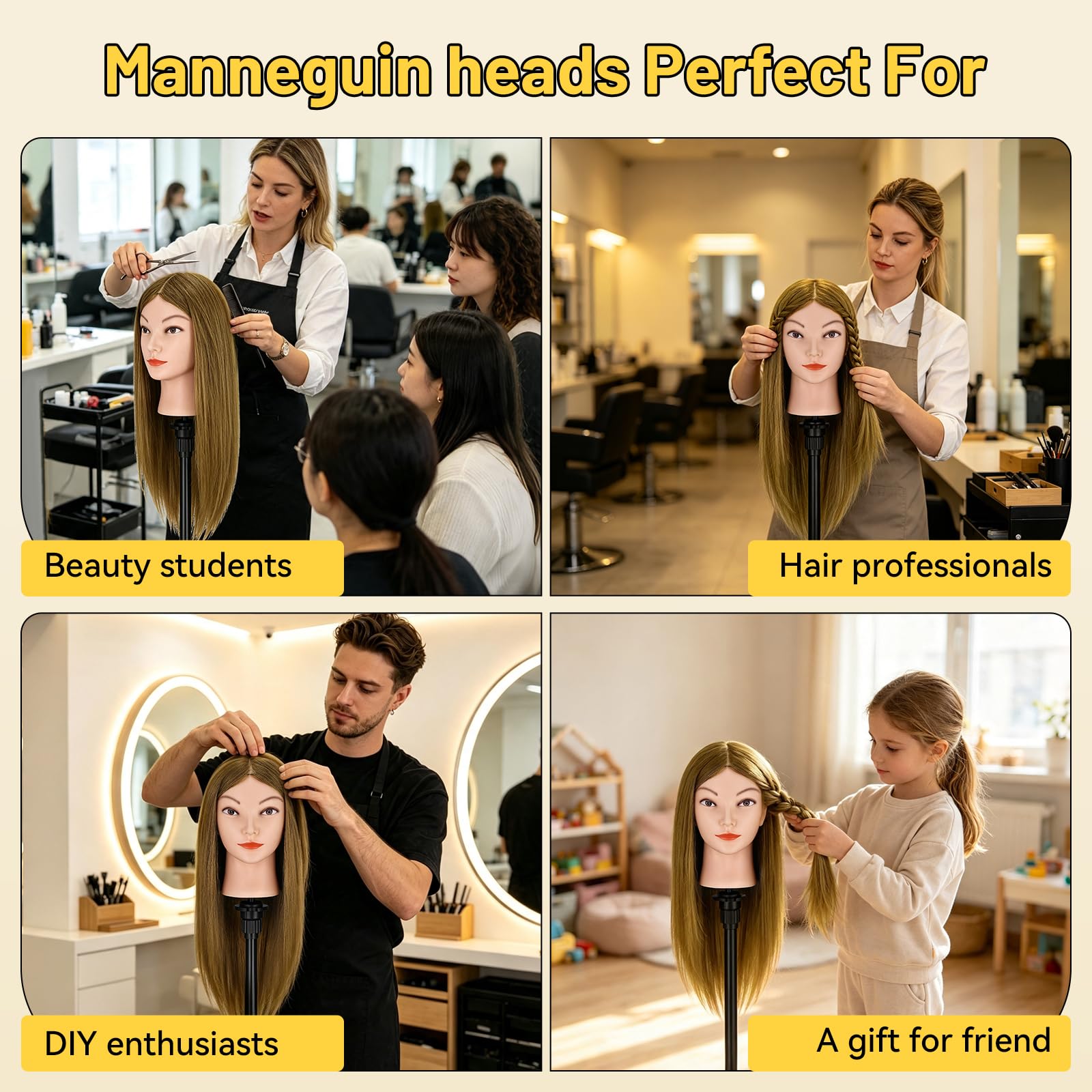 Yofuly Friseur-Trainingskopf, 45,7 cm, 100 % Echthaar, Manikin-Kosmetologie-Puppenkopf zum Flechten und Haarstyling, Übungskopf mit Tischklemme + DIY-Zopf-Set (Hellbraun)