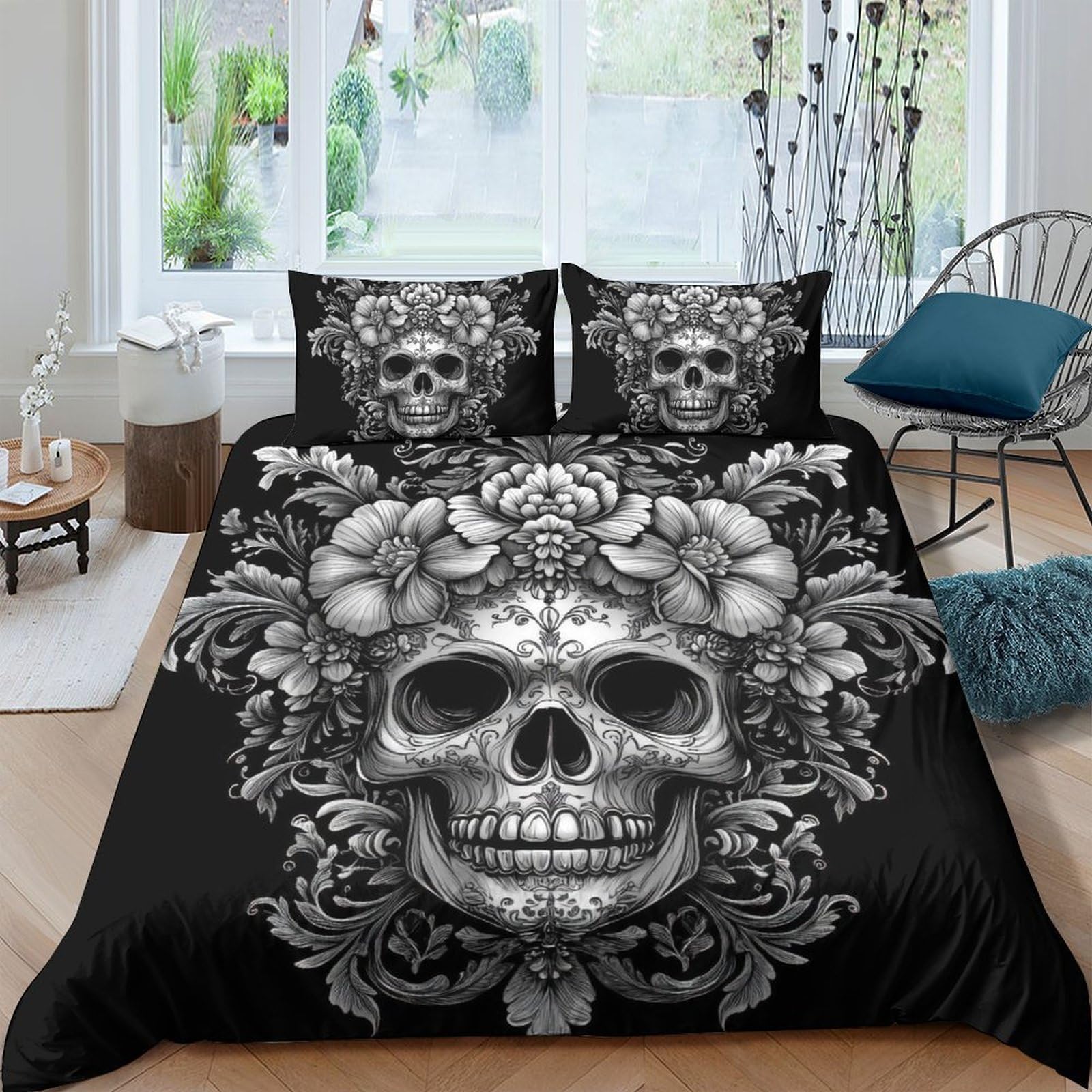 Ctjqhvkz Style-1 3D Printed Skull Floral Fitted Sheet Microfiber Black Gothic Mattress Cover For Bedroom Guest Room Decor Dustproof Single（135X200cm）