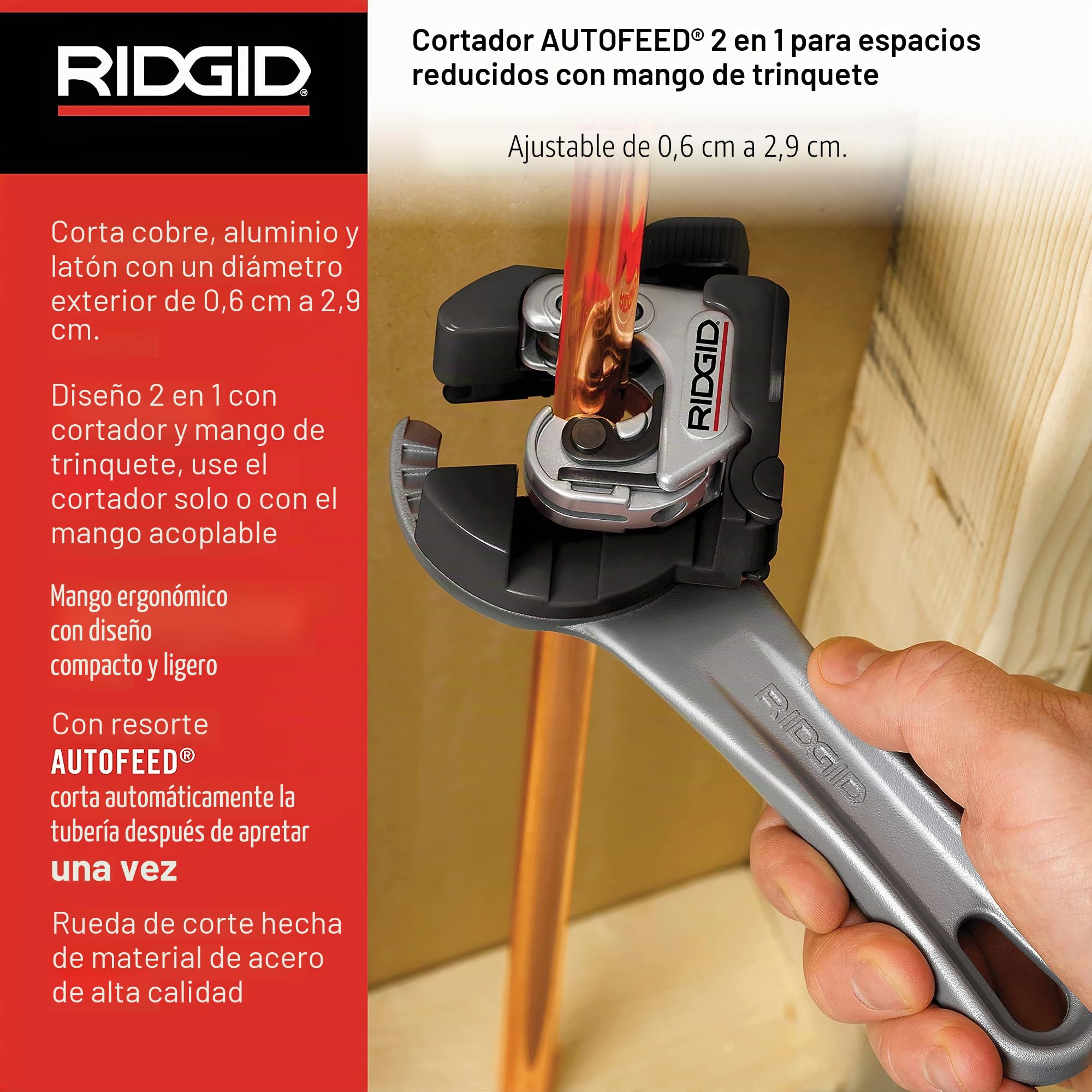 RIDGID 32573 Modelo 118 2 en 1 con empuñadura de trinquete Cortador AUTOFEED para espacios estrechos, Cortador de tuberías de 6 mm a 29 mm