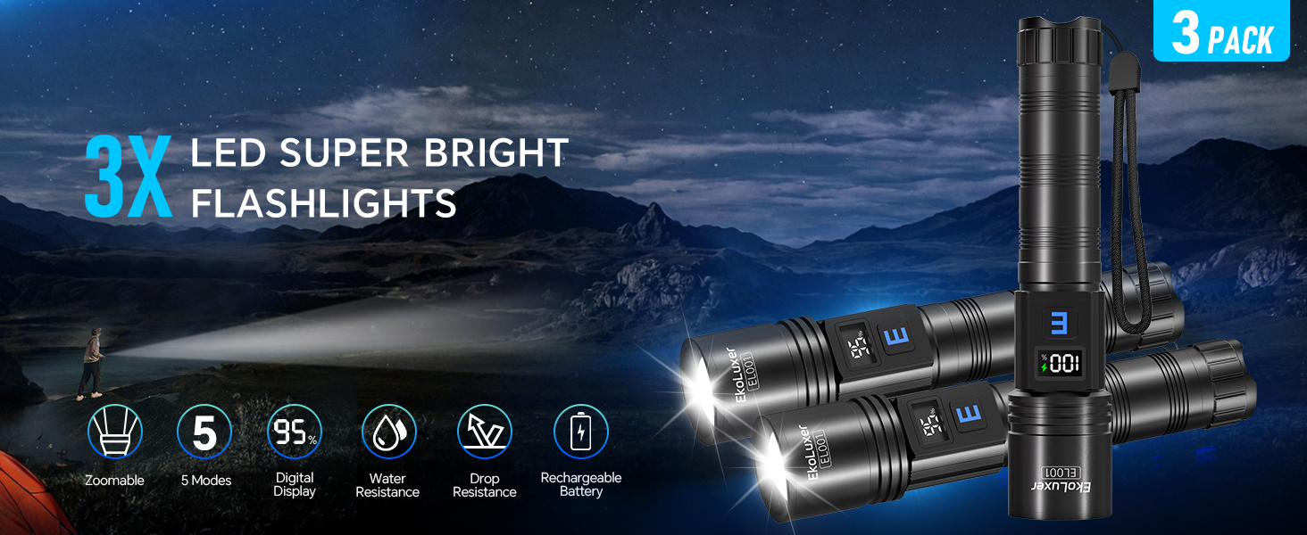 Tughlax 3-Pack High Lumens Rechargeable Flashlights - LCD Display, 5 Modes, Adjustable Focus, Waterproof