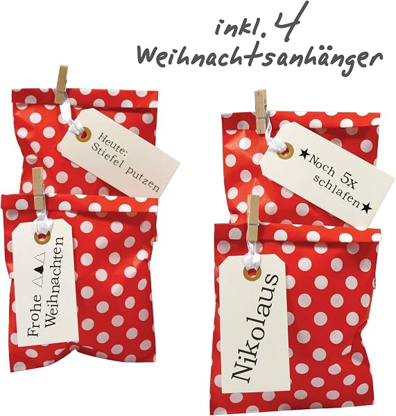 Frau WunderVoll® DIY ADVENTSKALENDER BESCHERUNG zum Befüllen, rot Stern, Ziffern grau, Papiertueten flach 13x16,5cm / Weihnachten, Papiertüten, Kinder, Zahlen, Geschenkbeutel, Aufkleber - 3