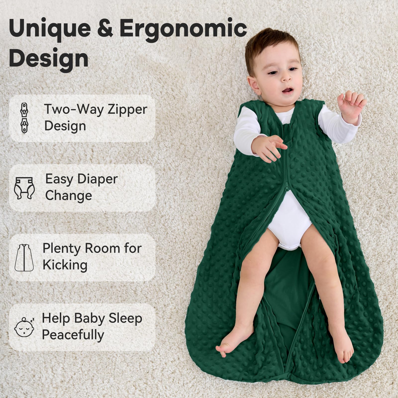 Unnivoll Baby Sleeping Bag 1.5 Tog with Plush Dots Sleep Bag 2 Pack Baby Sleep Sack Wearable Blanket for Newborn Infant 0-6 Months Forest Green - Image 4