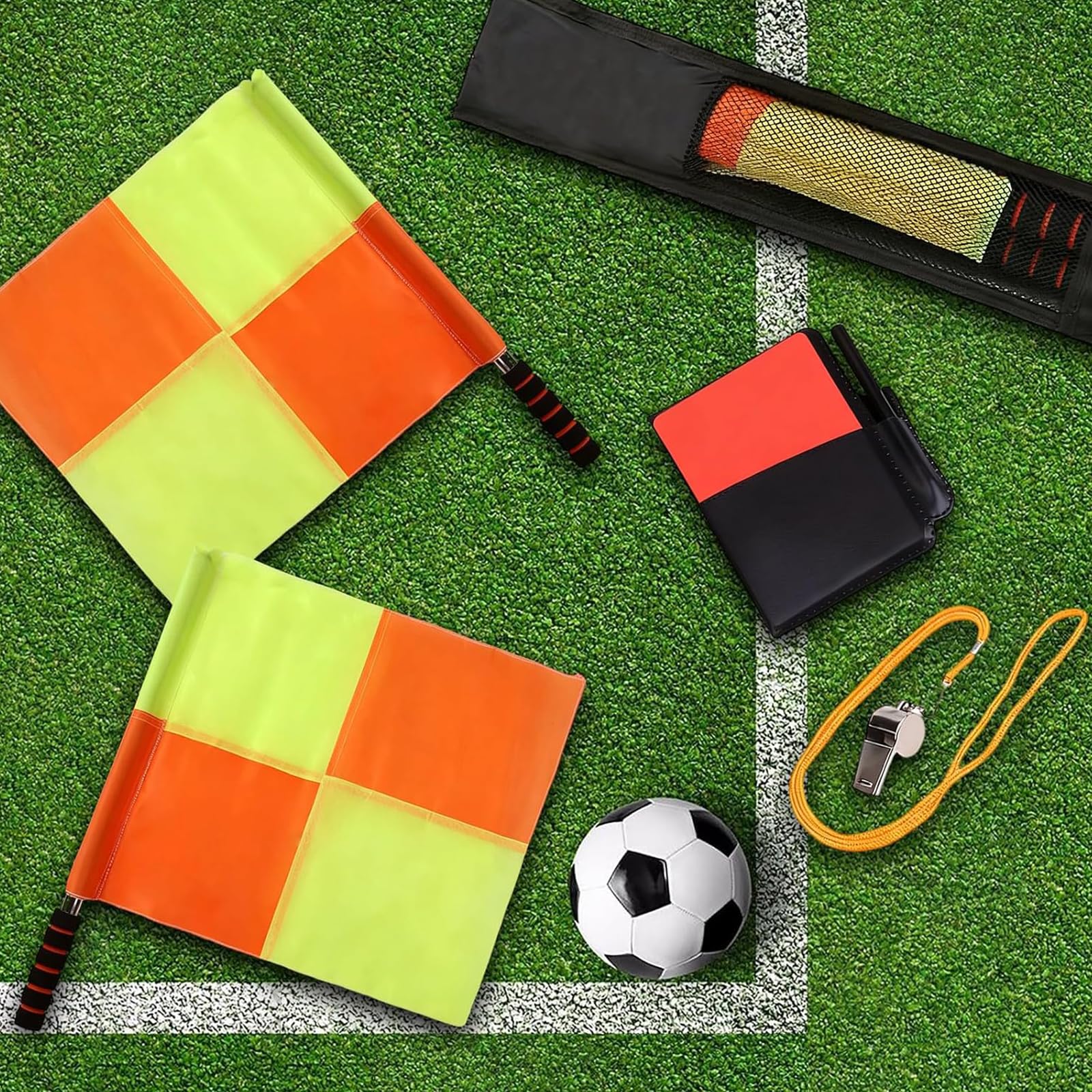 Fußball-Schiedsrichterflagge, kariertes Linienführungsflaggen-Set mit Aufbewahrungstasche, Metallstange, Schaumstoffgriff, wasserdicht, rot-gelbe Karten mit Notizbuch und Bleistift, Edelstahlpfeifen