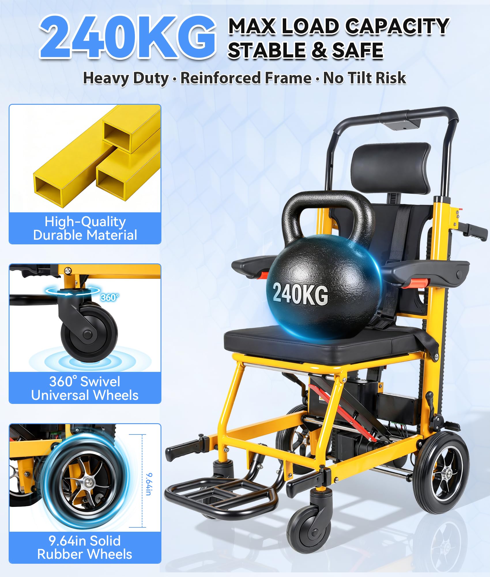 3 in 1 Elektrischer Treppensteiger Rollstuhl Faltbar, Elektro Treppenfahrstuhl, Faltbarer Elektrorollstuhl Treppenlift für Senioren, 240kg Tragkraft & 300W Motor, Sicherheitsgurte (Gelb)