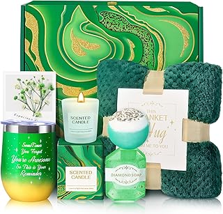 Birthday Gifts for Women, Green Warm Spring Get Well Soon Self Care Retirement Inspirational Gifts Basket with Flannel Blanket for Mom, Grandma, Sister, Wife, Girlfriend, Anniversary