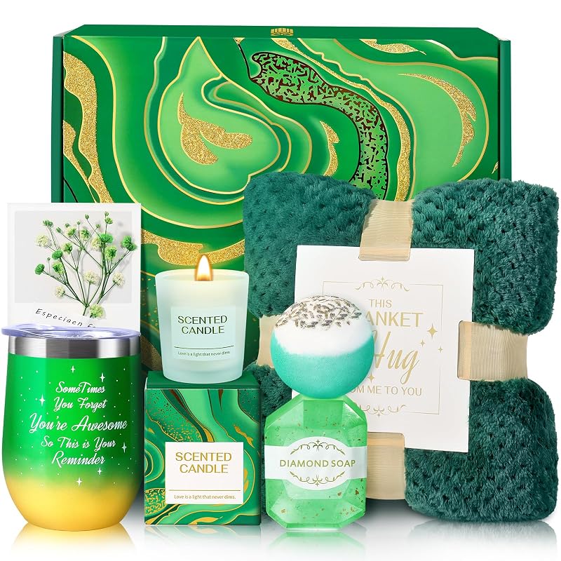 Kit de presente BodyRefresh em caixa verde com manta, caneca térmica, vela aromática, sabonete e bomba de banho