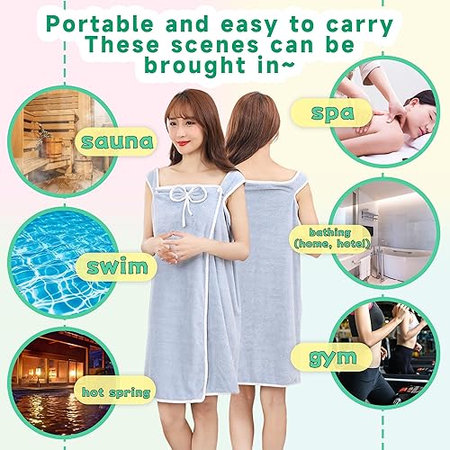 Miniatura 6 de YUNAI Toalla de baño con correas para mujeres y niñas, secado rápido, ahorro de tiempo, spa, gimnasio, sauna, toalla de baño, bata envolvente para
