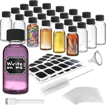 Nevlers 24 Pack 2 Oz Glass Bottles with Lids | 59mL Clear Mini Shot Bottles with Caps for Immunity & Wellness Shots, Ginger, Vanilla Extract, Sauce, Perfume Oils | Juice Shot Containers w/Accessories