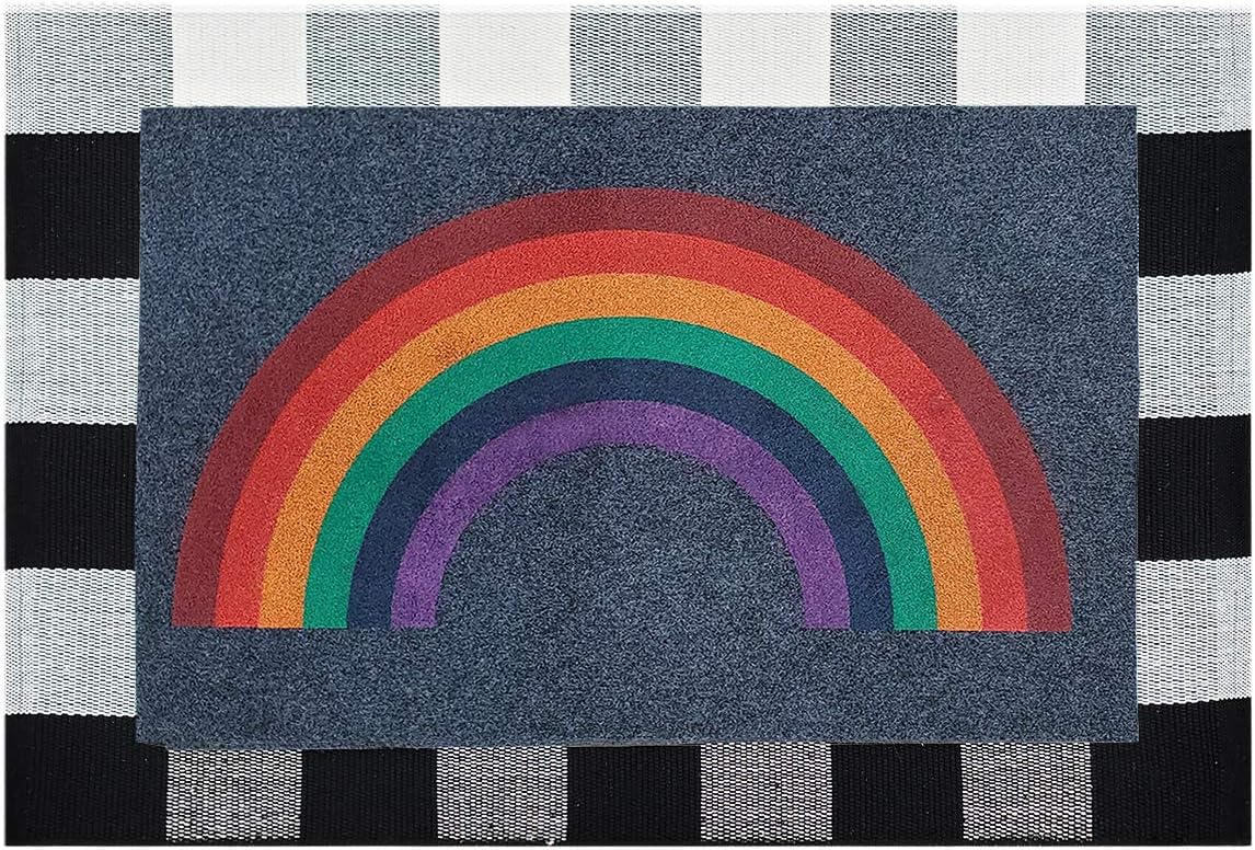 LAN SHAN QUE Door Mat Combo Set Rainbow Welcome Mats for Front Door 18"x28" with Non Slip Rubber Backing+Buffalo Plaid Rug 24"x36" Black and White for Layered Decorative Entryway Indoor Doormat
