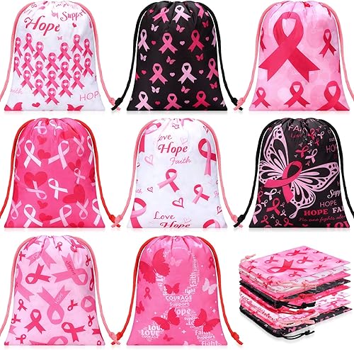 Cunno 24 bolsas de regalo para concientización sobre el cáncer de mama, bolsa de lona pequeña de cinta rosa a granel, bolsa de lona pequeña para