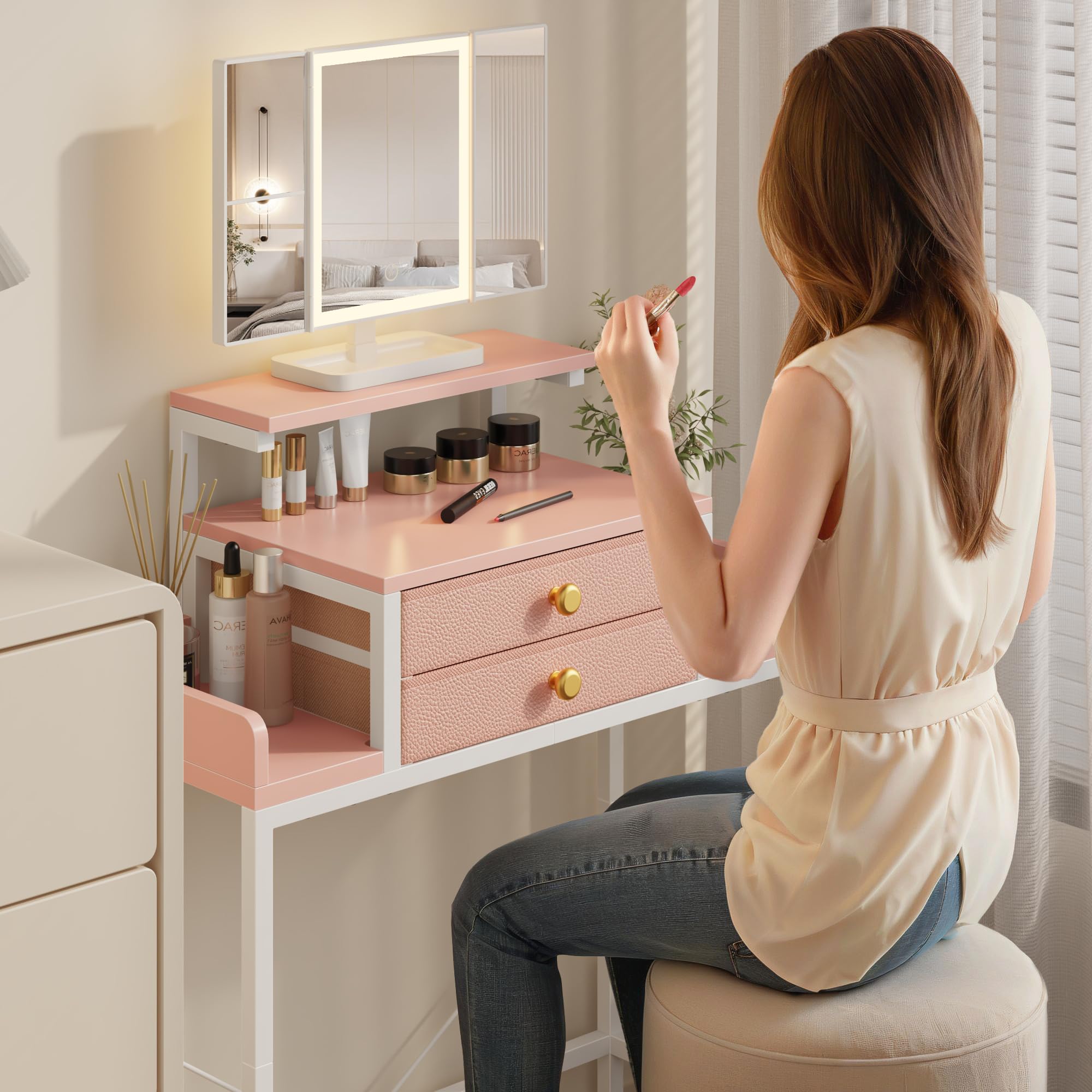 Escritorio de tocador con espejo y luces, mesa de maquillaje pequeña de 28.4 pulgadas de ancho con soporte ajustable en altura, 2 cajones de tela, escritorio compacto de maquillaje, regalo 7