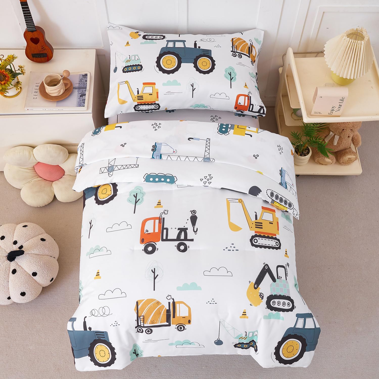 PERFEMET Car Printed Toddler Comforter Set, 4 Pieces Toddler Bedding Sets for Boys, Reversible Tractors Pattern Teen Boy Bed in A Bag Comforter Set with Sheets (Tractor, Toddler) - Image 2