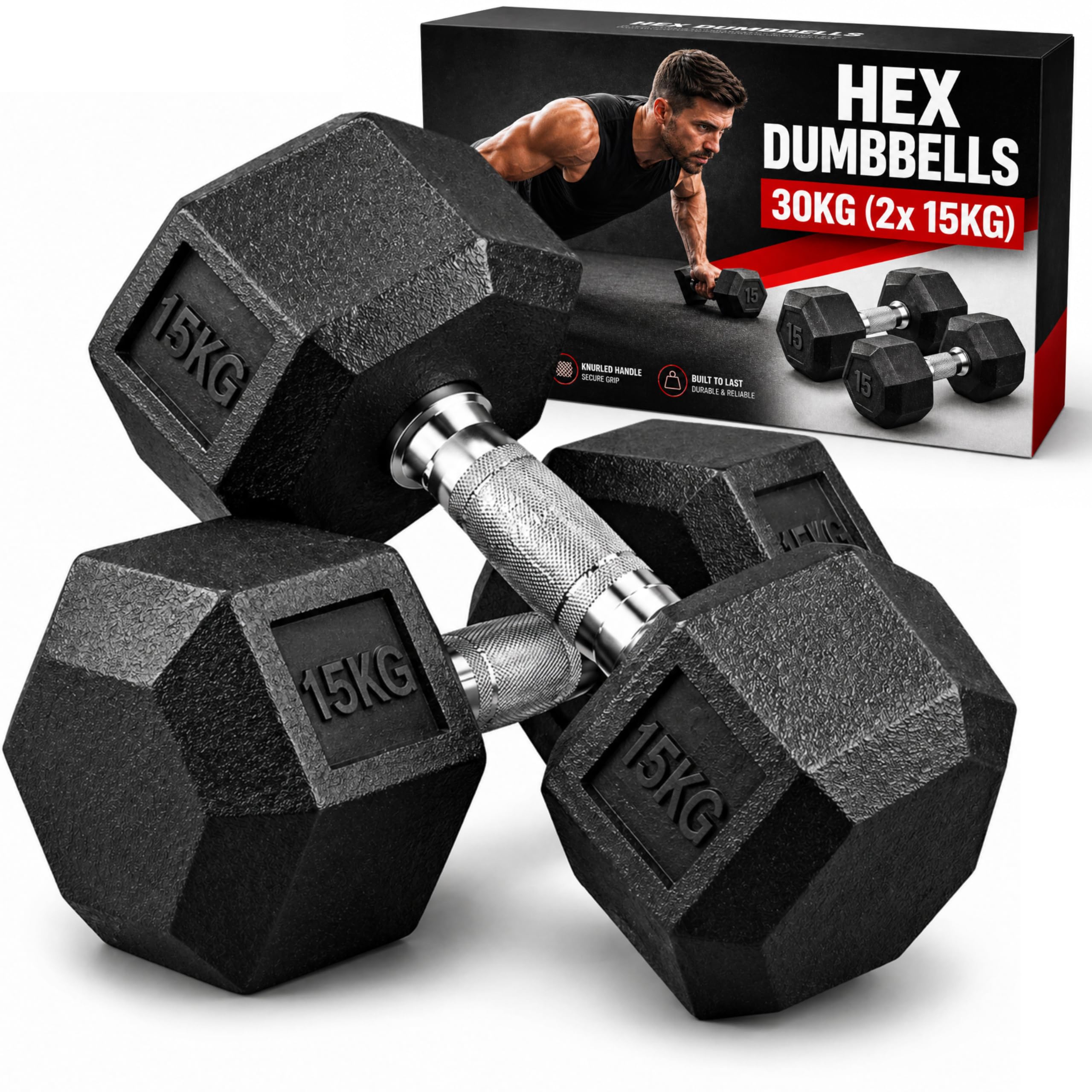 Senshi Japan Hex Dumbbells Set 5KG - 30KG Hand Free Weights | Anti Slip & Anti Roll Rubber Coated Cast Iron Dumbell Weights Set Home Gym Training Exercise (30KG (2x 15KG))