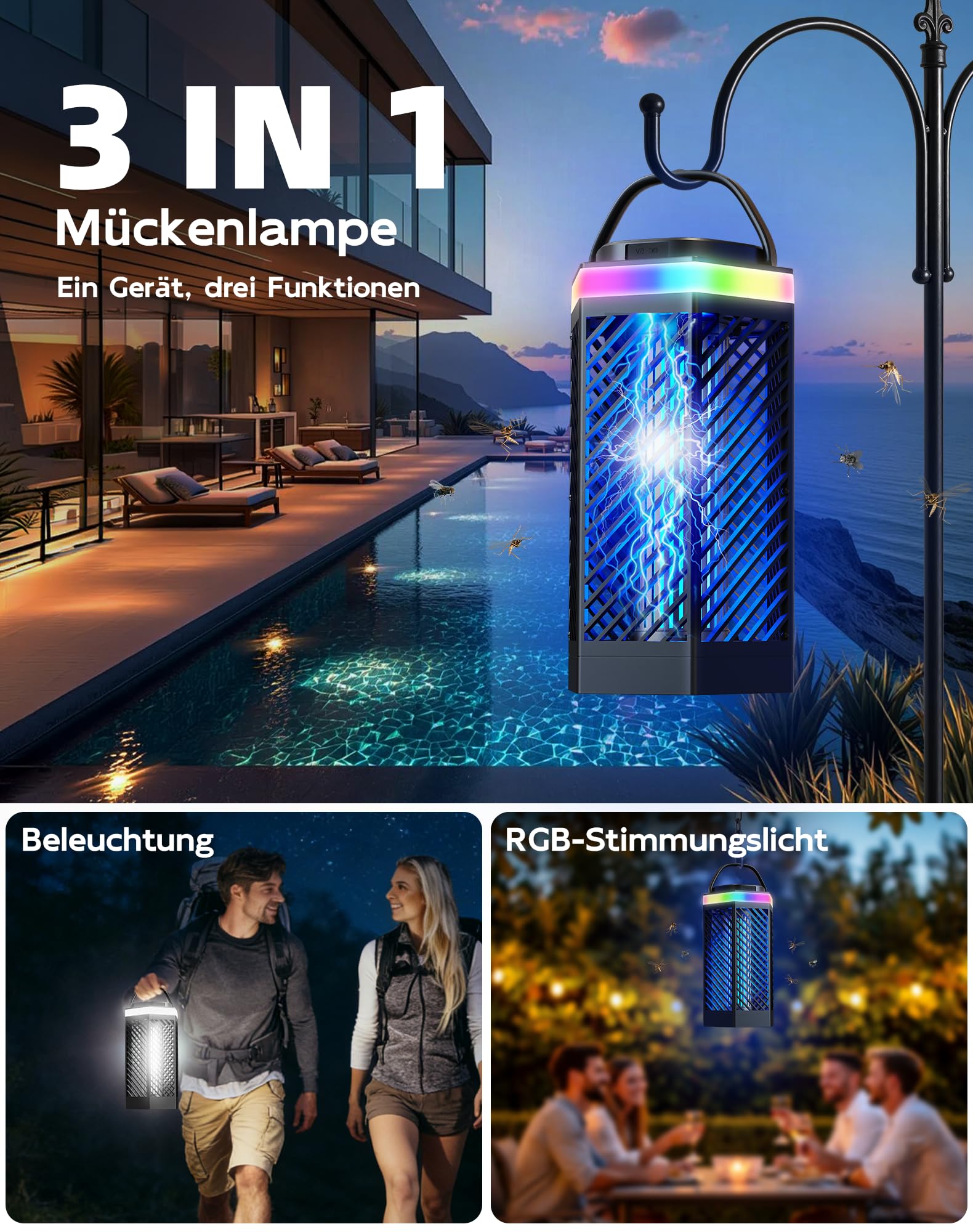 Elektrischer Insektenvernichter - 3 in 1 Mückenlampe mit UV-Licht, 8000mAh Akku, Weiß & RGB-Beleuchtung, IPX4 Wasserdicht, USB-C Wiederaufladbar, Mückenfalle für Camping, Garten, Draußen Innen