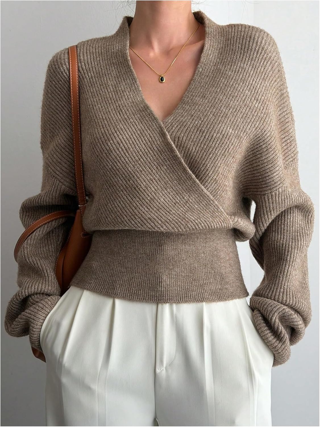 MakeMeChic Women's Wrap V Neck Sweater Long Sleeve Knitted Winter Dressy Pullover Tops - Image 5