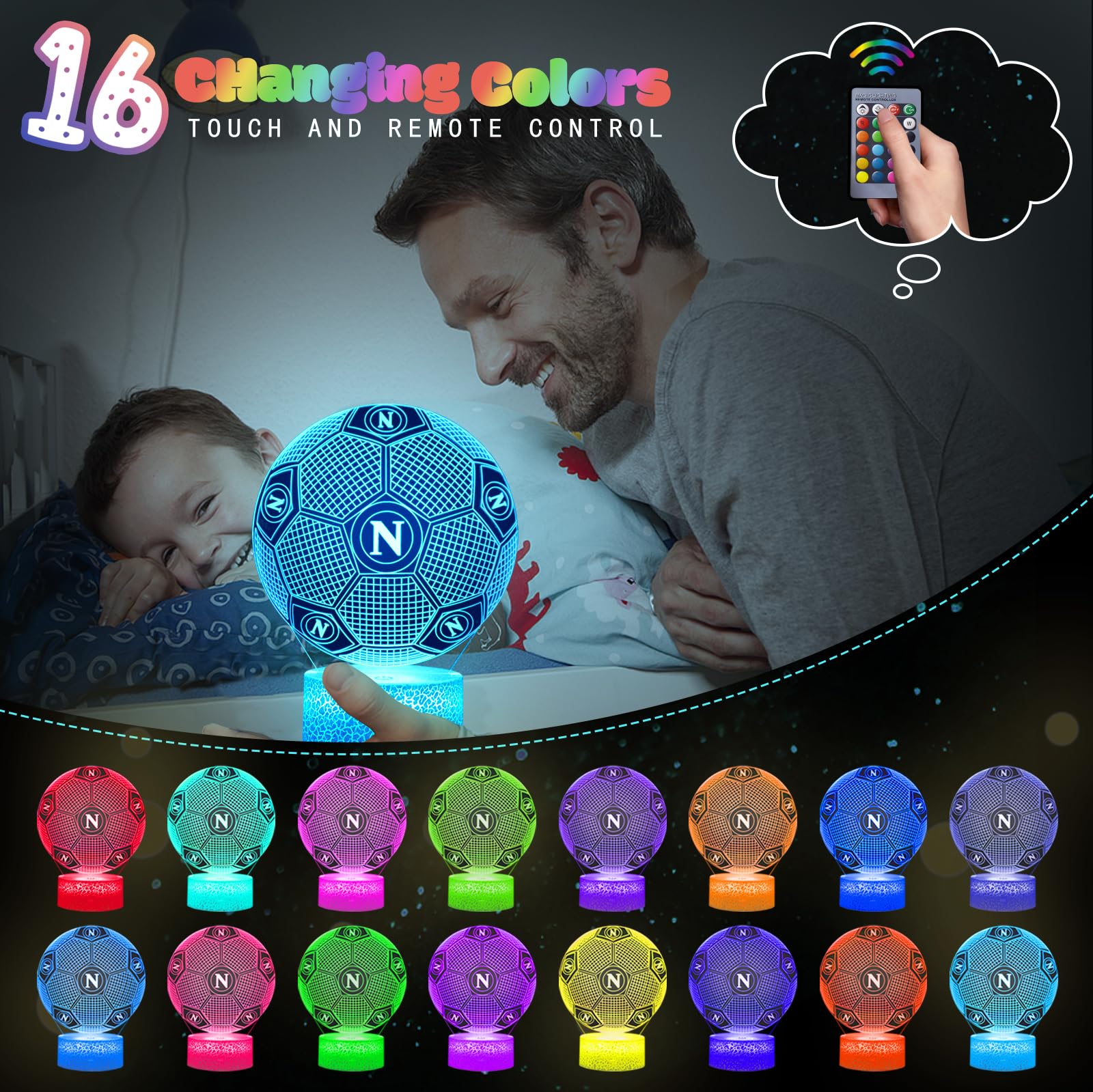 2 Pezzi Napoli Calcio Luce Notturna Bambini, Regalo de Calcio per Bambini 2 3 4 5 6 -12 anni, Calcio Lampade 3D Illusione Lamp con 16 Cambi di Colore, Regali di Natale Compleanno per Ragazza, Ragazzo
