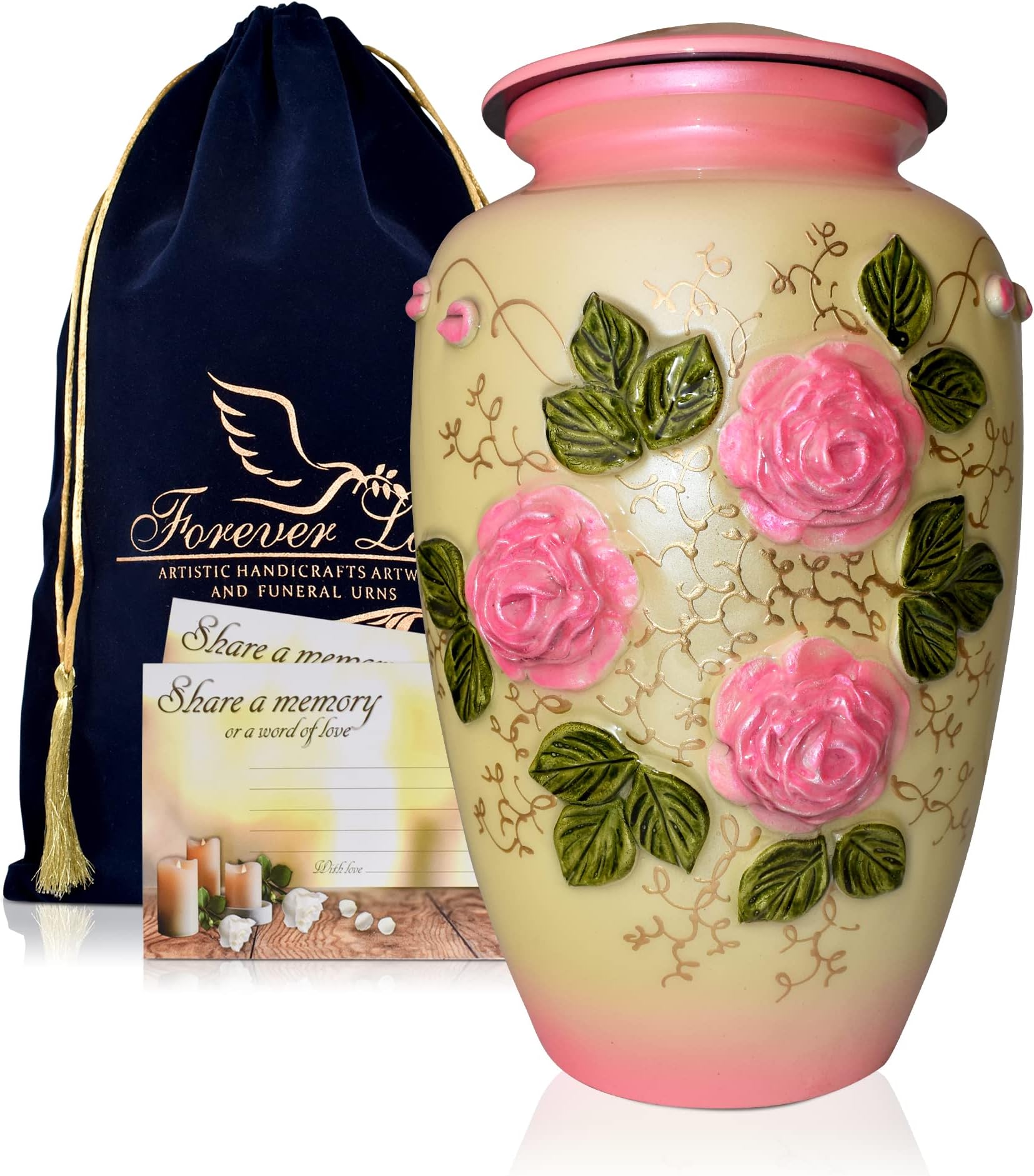 Urn for Ashes - Handcrafted Metal Cremation Urn with Rose Decor, Keepsake Urn for Human Ashes, Decorative Funeral Urn for Home (Pink Flower)