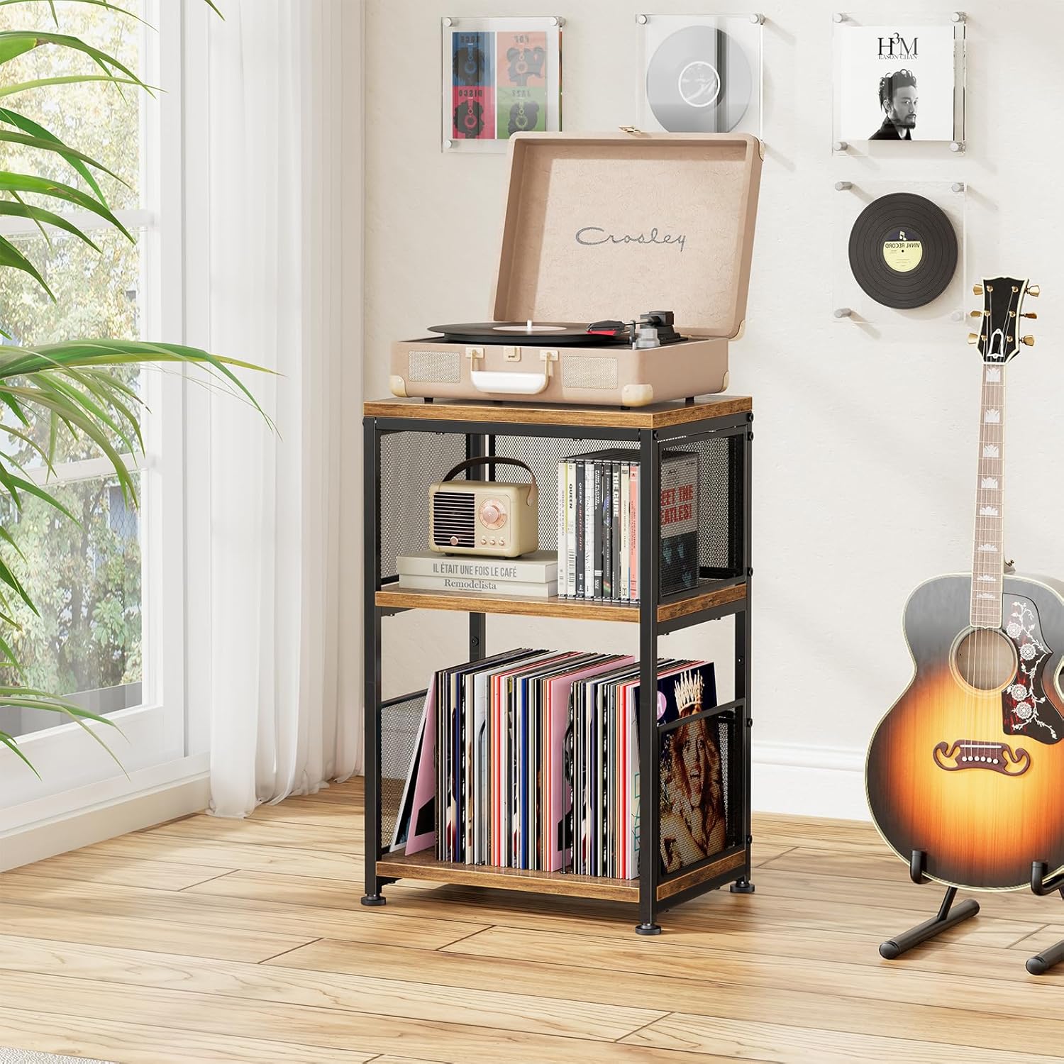 Simple Trending 3 Tiers Side Table, Record Player Stand, Turntable Stand with Vinyl Record Storage, Hold Up to 100 Albums, Rustic Brown