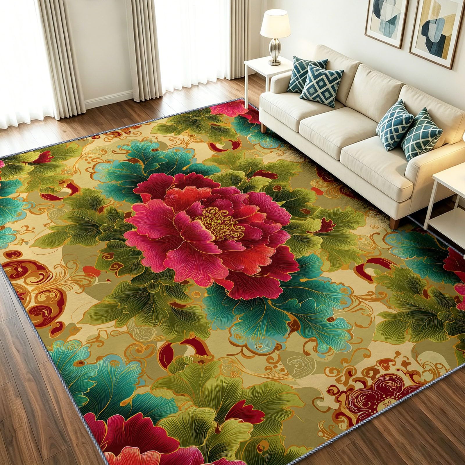 Alfombra de cocina y entrada con estampado floral vintage de 90 x 150 cm lavable
