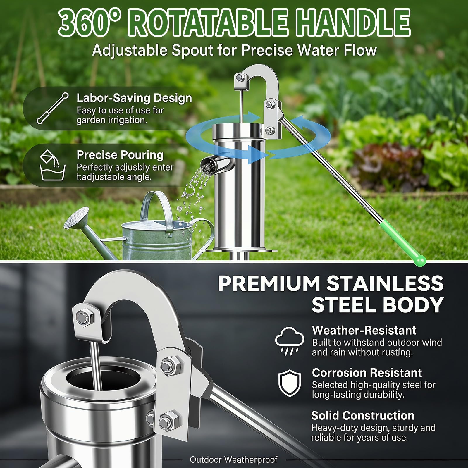Pompe à eau pivotante en acier inoxydable - Pompe d'aspiration manuelle pour eaux souterraines jusqu'à 8 m de profondeur - Poignée antidérapante - Pompe à eau manuelle de jardin - Économie d'énergie