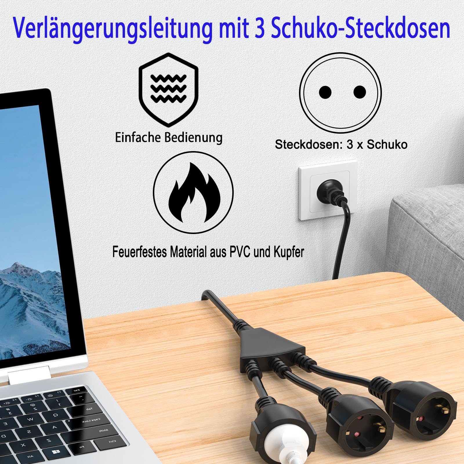 Schutzkontakt Verlängerungskabel, Steckdose Außenbereich für Doppelstecker 3 Fach, 3x1,5mm² Kupfer, 250V/13A, Wasserdicht IP44 für draußen Haushalt, Büro, Garten, 10M Schwarz