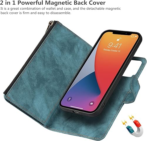 Miniatura 8 de iCoverCase Funda tipo cartera para iPhone 13 con tarjetero, 2 en 1, piel sintética, cierre magnético, bolsillo con cremallera, a prueba de golpes,