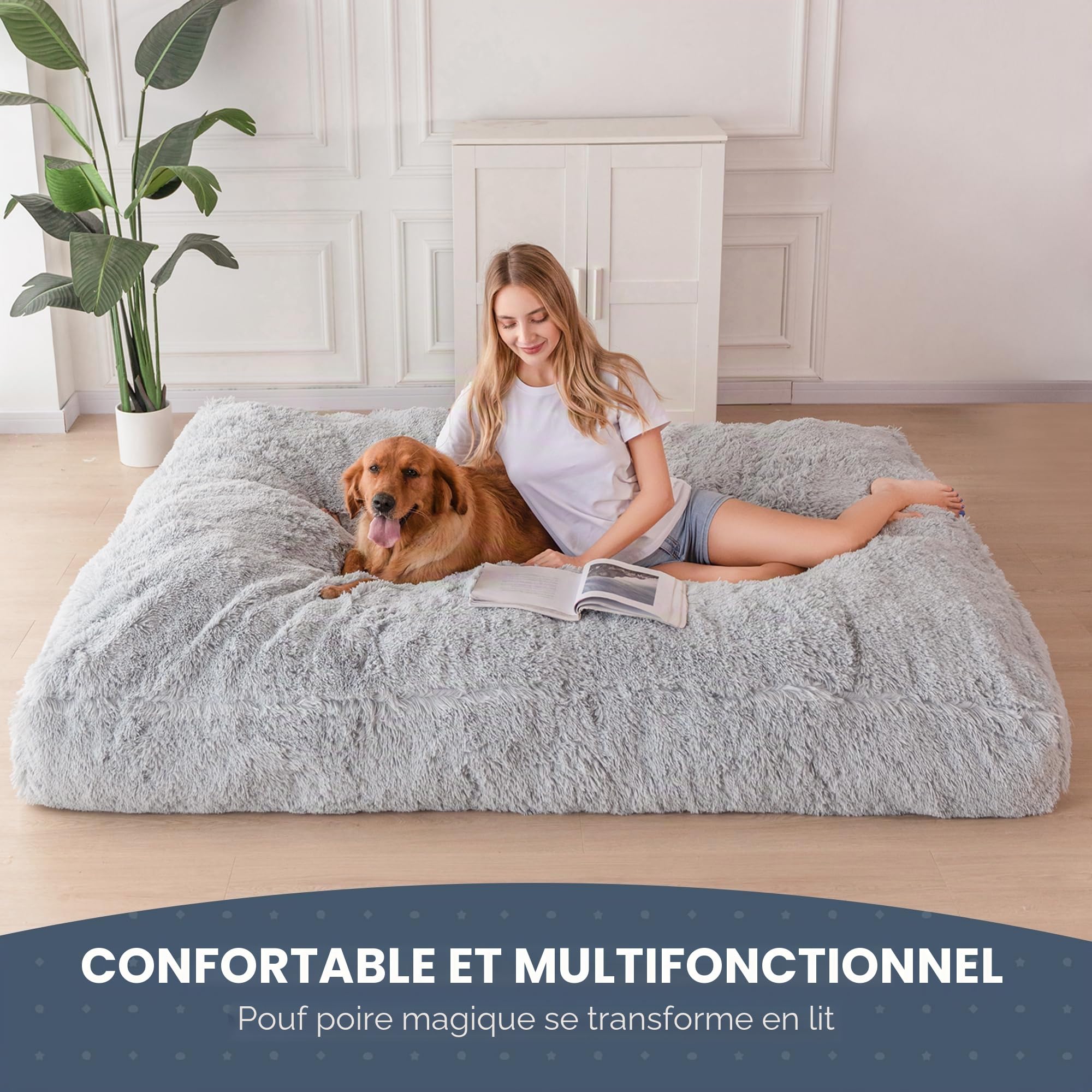 MAXYOYO Pouf géant – Se Plie Convertible du Pouf au lit – Grand canapé avec Housse en Peluche et Rembourrage Moelleux Inclus pour Adultes, Couples, invités (Gris, Simple)