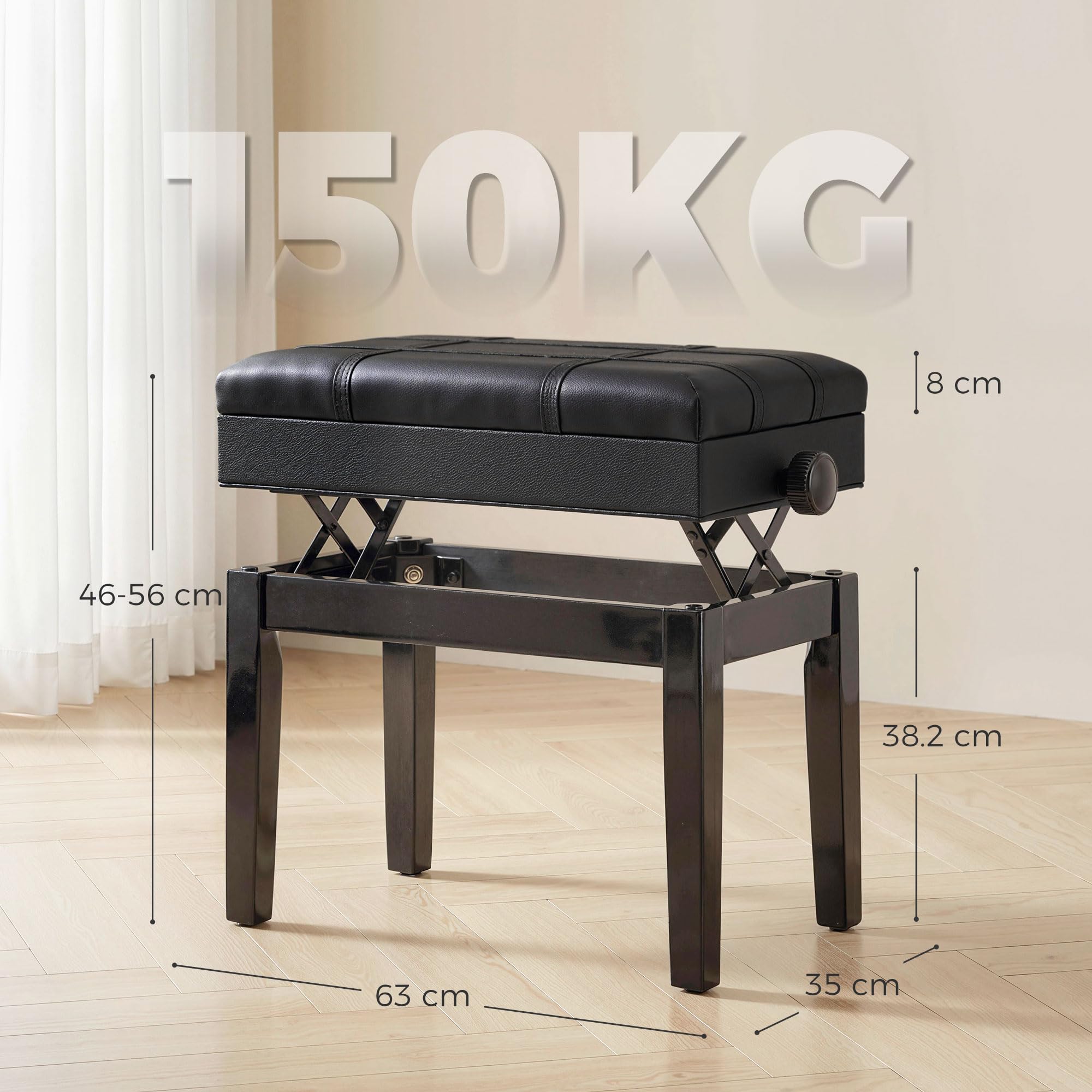 HOMCOM Sgabello per Pianoforte con Altezza Regolabile e Vano Contenitore, Panca per Pianoforte in Legno e Finta Pelle PU, 63x35x46-56cm, Nero