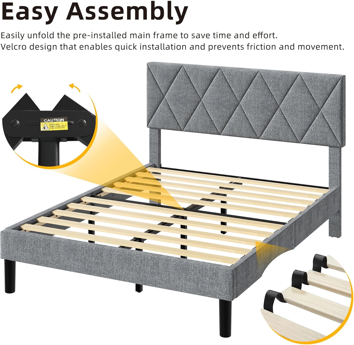 Image showing the easy assembly process of the bed frame, highlighting the folding mechanism and Velcro slats.