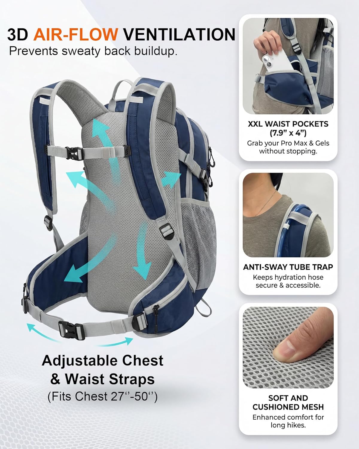 Hydration Backpack with 2L Bladder – Thermal Insulated Water Pack for Hiking, Skiing, Running – Lightweight Daypack for Men & Women, Soft-Lined Sunglasses Pocket & Large Waist Pockets - Image 4