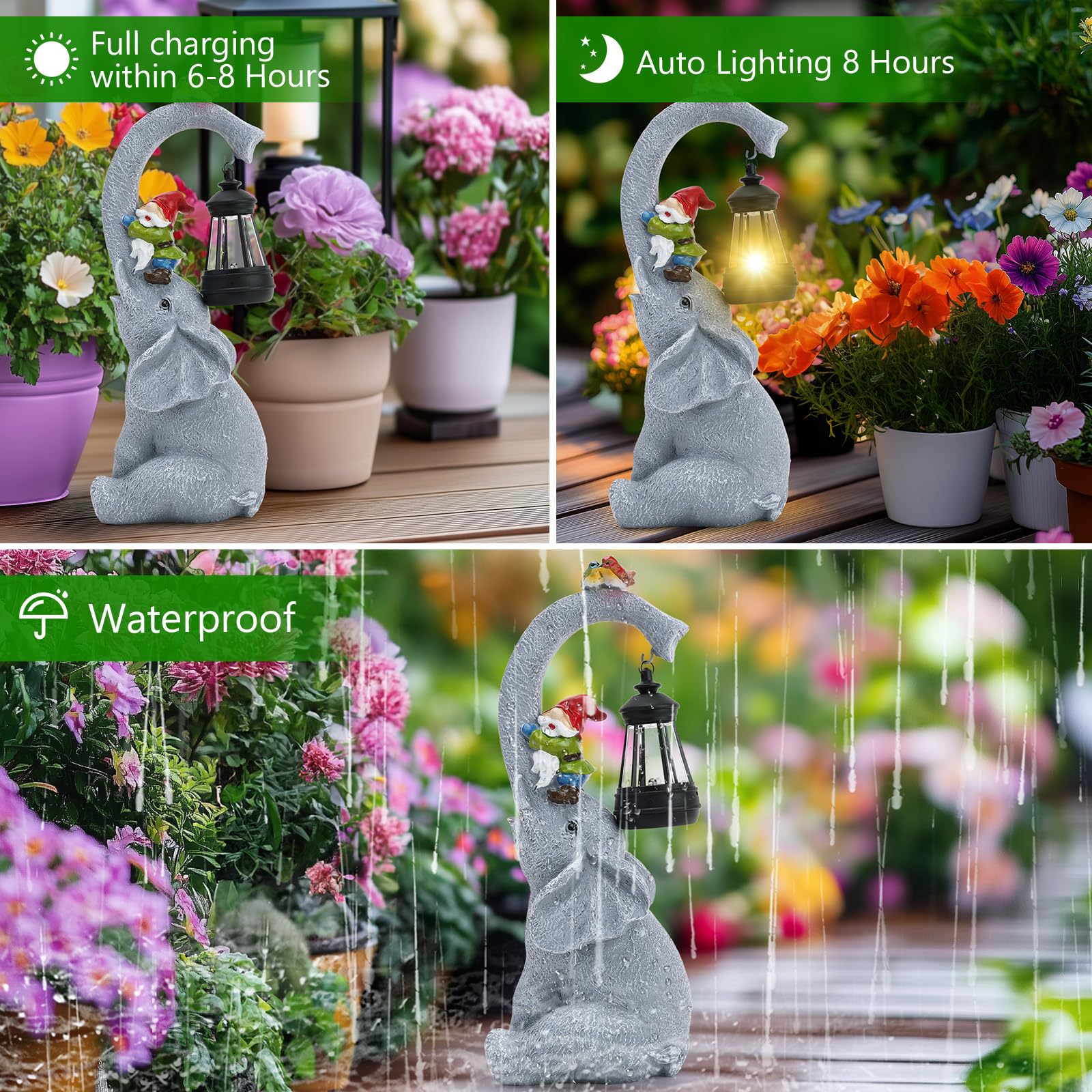 GuKKK Decorazione di Statue di Elefante da Giardino con Lampada Solare, Statue da Esterno per gli Amanti dei elefante, per il Patio Prato del Cortile Regalo, Regali di Compleanno per le Donne