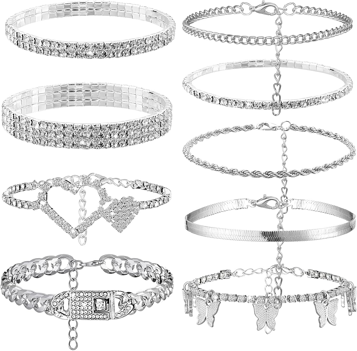 Junkin 9 Pcs Ankle Bracelets for Women Rhinestone Butterfly Heart Link Anklets Set Layered Braided Chain Anklet Charm Foot Chain Jewelry Gift for Lady