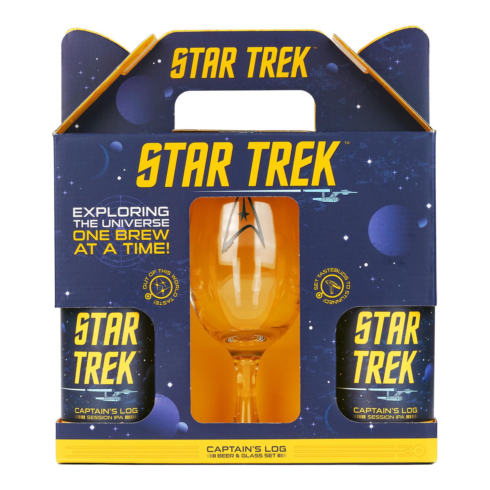 Star Trek Captains Log IPA Gift Set. 2 x 330ml cans of Beer, 4.2% ABV, and Branded Chalice Glass. Gift for Star Trek Fans on Birthdays, Christmas or Father's Day. By Blue Tree Gifts.
